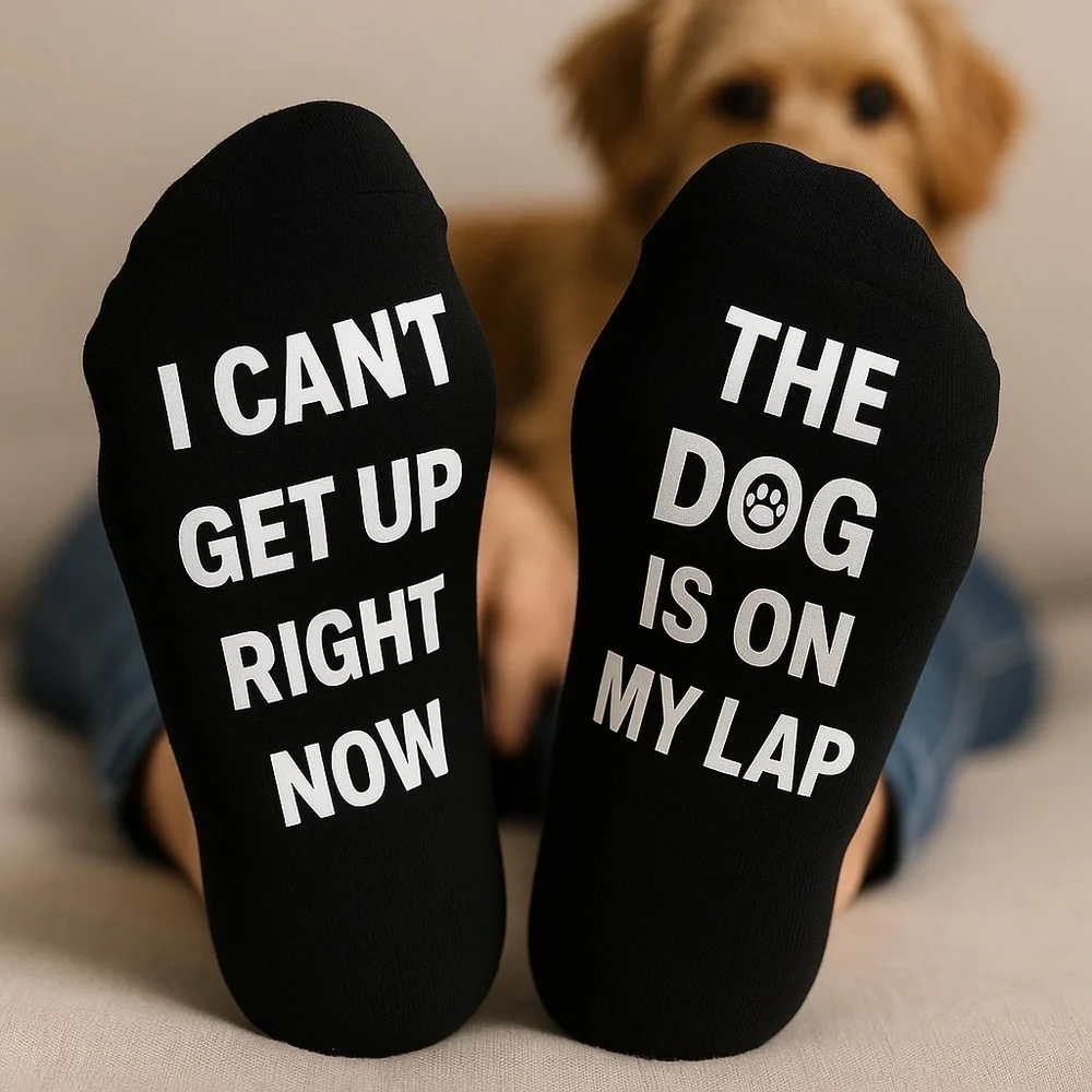 Black Novelty Socks -Dog Quote I CAN’T GET UP RIGHT NOW, THE DOG IS ON MY LAP OS